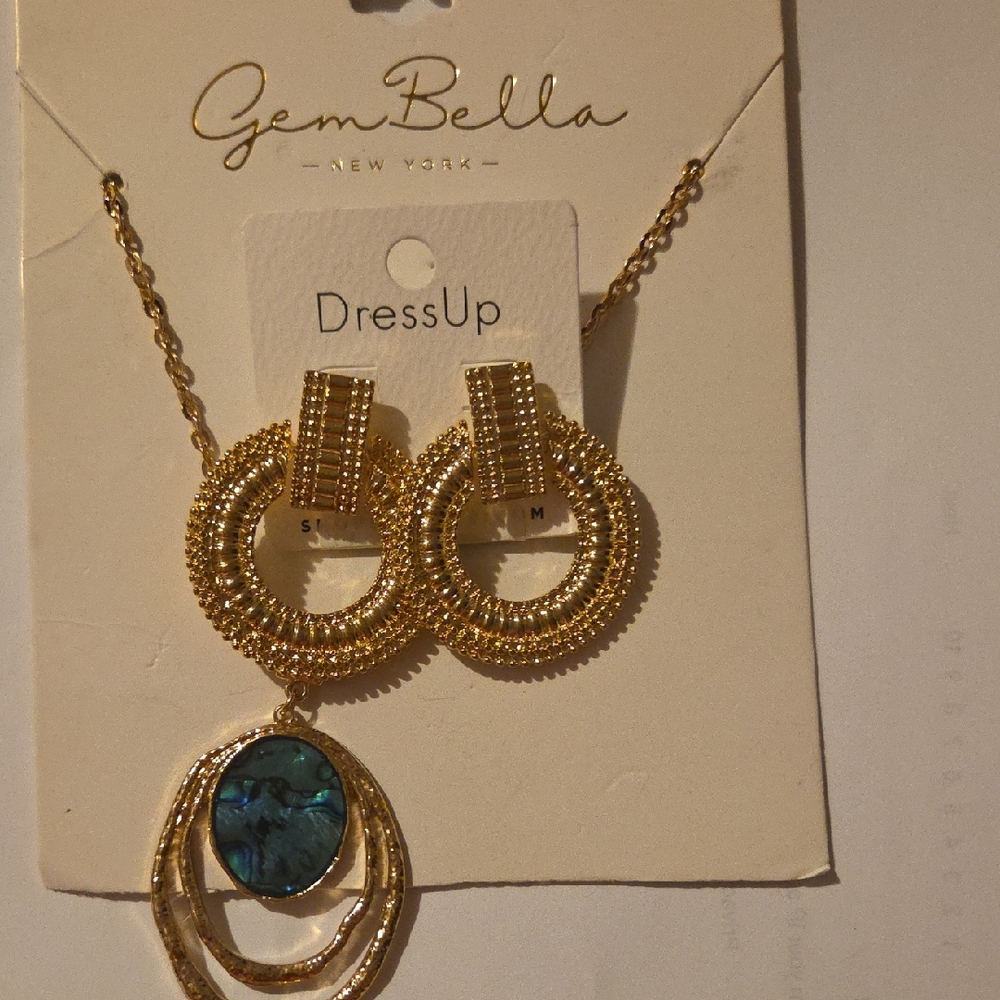 Abella Gold Necklace with Blue Accent & Earrings